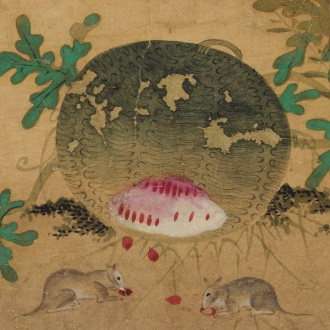 A painting of two mice eating

Description automatically generated