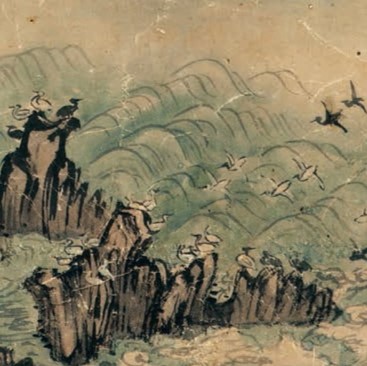A painting of birds flying over a cliff

Description automatically generated