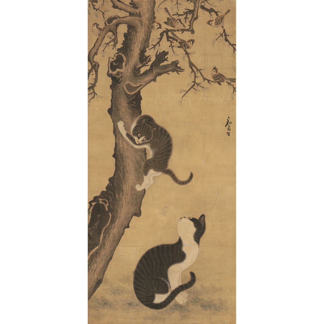 A painting of cats climbing a tree

Description automatically generated