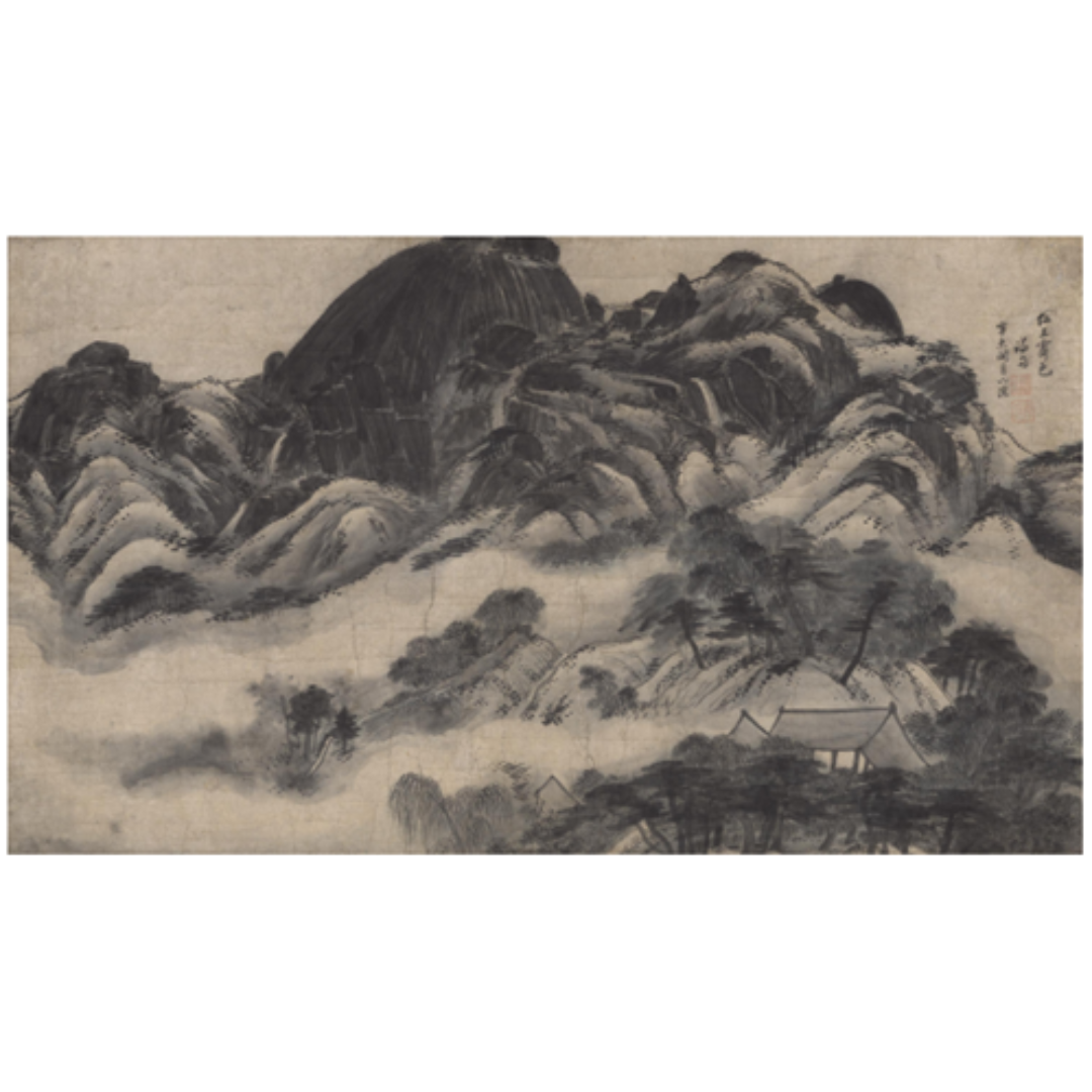 A painting of mountains and trees

Description automatically generated