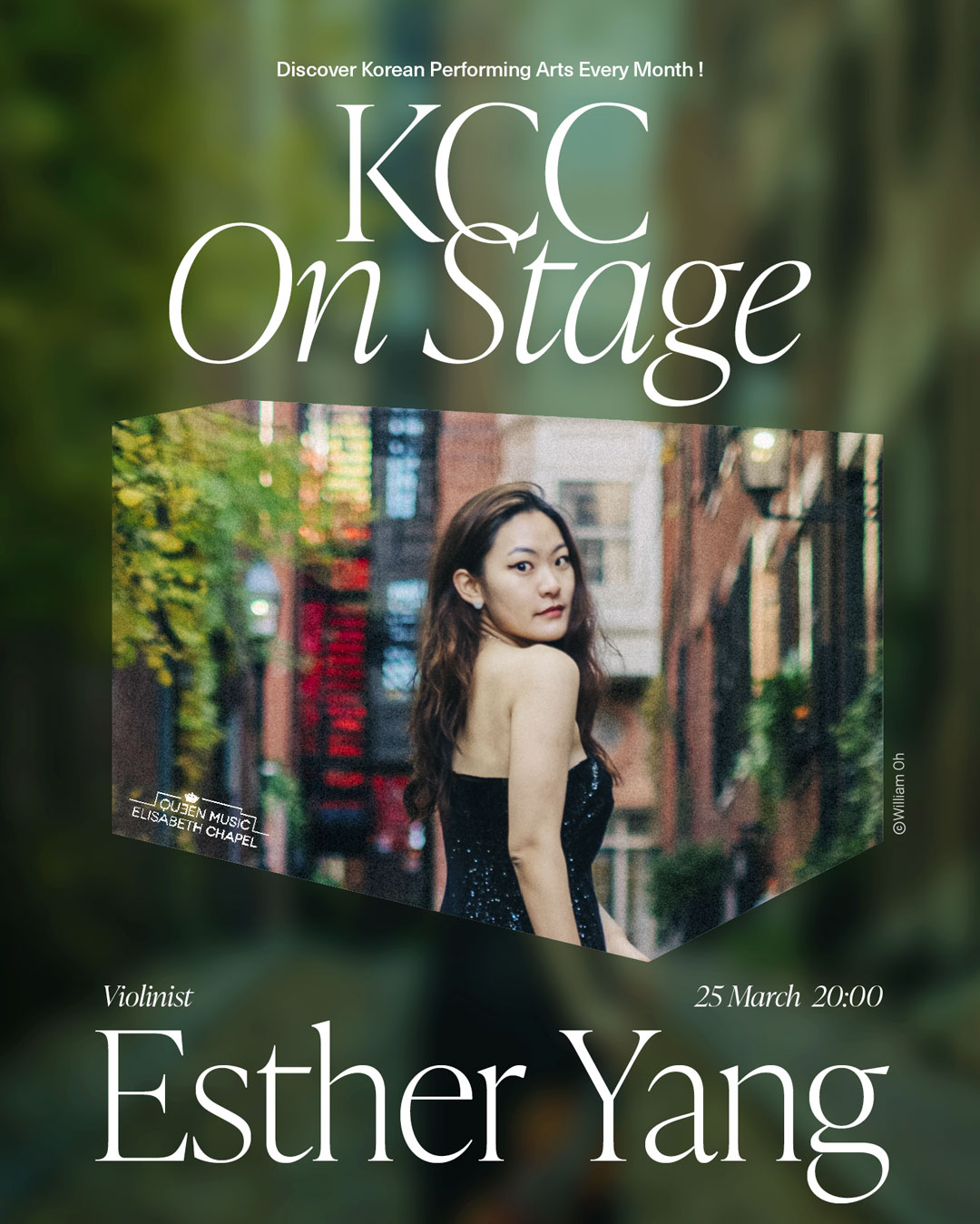 ​  [KCC On Stage] Violinist Esther Yang  25.03.2025 (Tue) 20:00 @ Korean Cultural Center  *Free entrance / Reservation required (Reservations open at 2 PM on the 4th Mar via&nbsp;the link)  ​  KCC On Stage: Discover Korean Performing Arts Every Month at KCC!  ​  In collaboration with Queen Elisabeth Music Chapel, violinist Esther Yang is on stage at the Korean Cultural Center!  ​  Esther Yang has been gaining acknowledgement around the world through various concerts throughout North America, Europe, and Asia. She has been named a semifinalist in both the 2023 Premio Paganini Competition and the 2024 Windsor Festival International Competition. She earned her Bachelor of Music degree at the New England Conservatory of Music, studying with Soovin Kim and Paul Biss, and recently completed her Master’s degree at The Juilliard School as a student of Joseph Lin. She is currently studying at the Queen Elisabeth Music Chapel as an Artist in Residence under the tutelage of Augustin Dumay.  ​  *Programmes and further information will be updated soon.