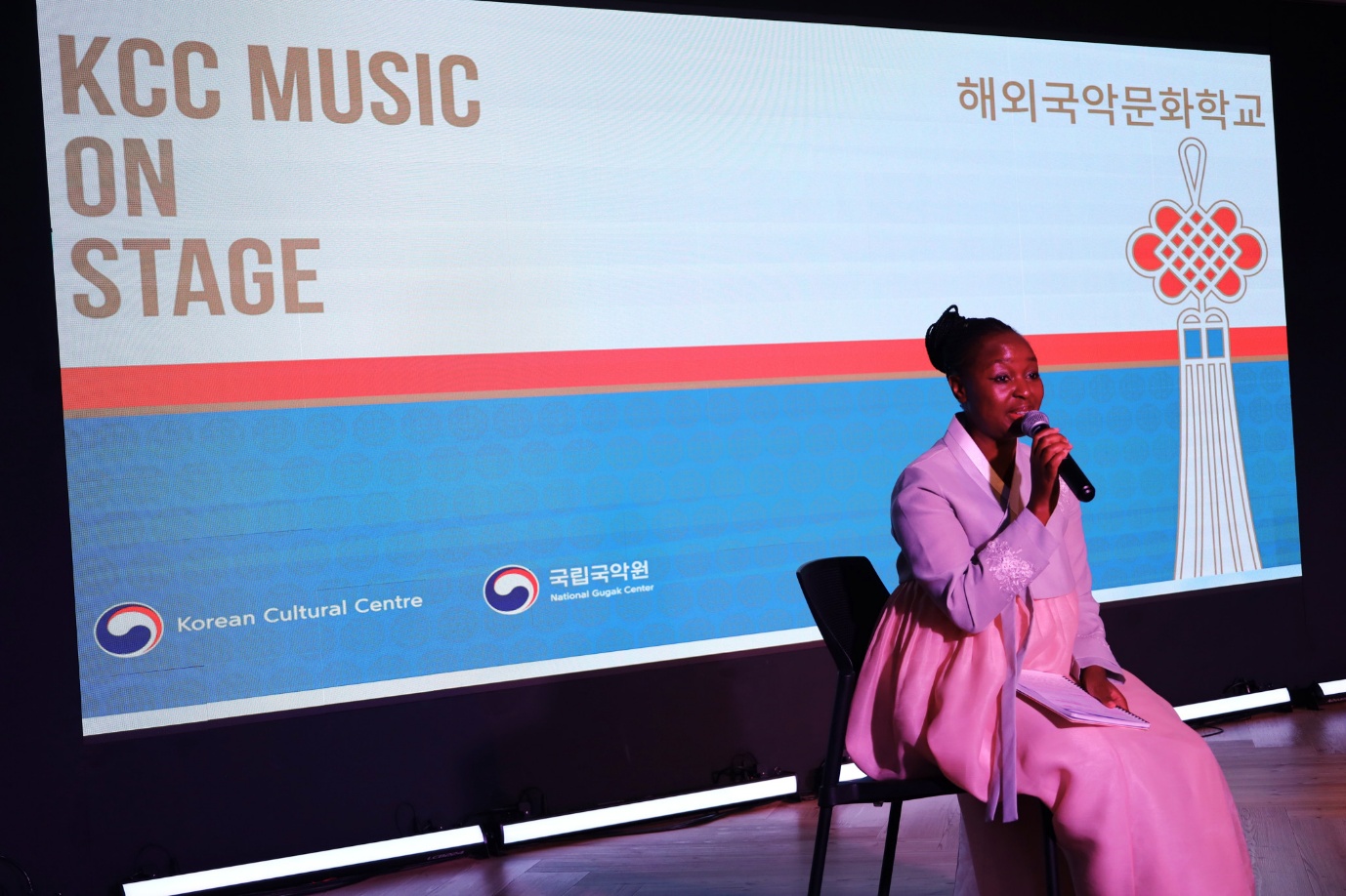 A person sitting on a chair with a microphone in front of a large screen

AI-generated content may be incorrect.